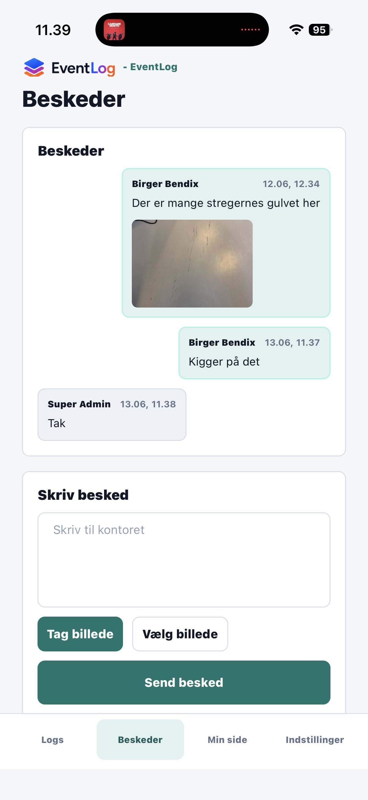 Eventlog med beskeder og dokumentation