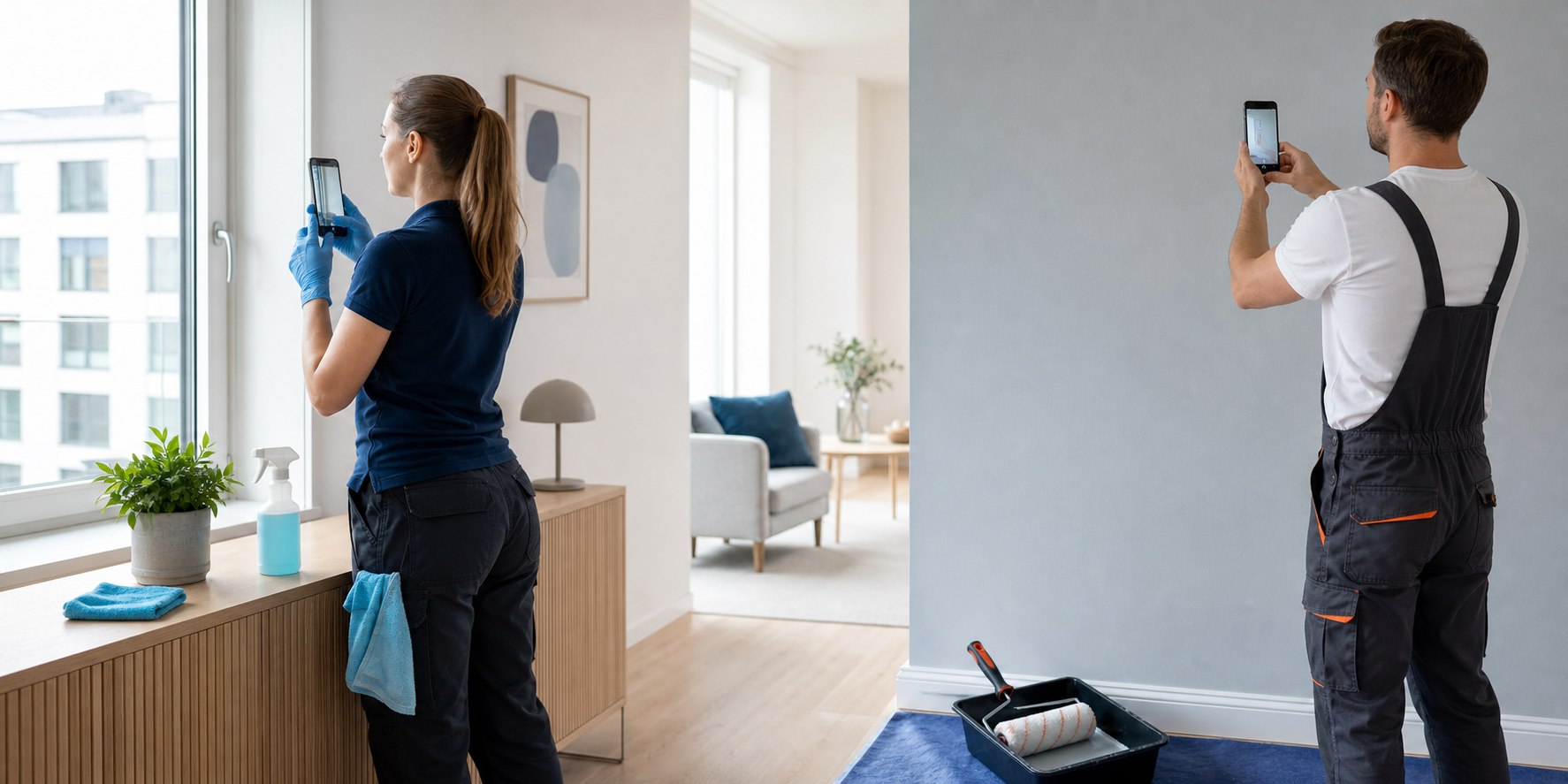 Rengøringsmedarbejder og maler dokumenterer udført arbejde hos kunden med mobiltelefon